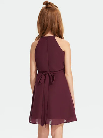 ホワイトフラワーガールドレス 特別な機会のドレス バーガンディシフォン ノースリーブ デザインネックライン フラワーガールドレス