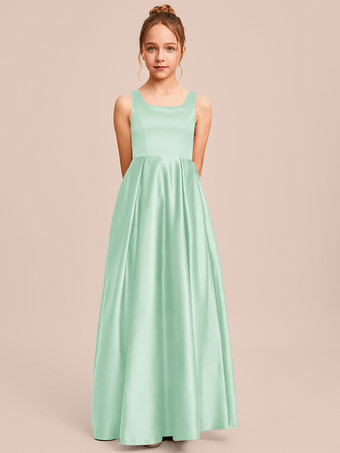 ミントグリーンホワイトフラワーガールドレス 特別な日のドレス アイボリーサテン生地 ノースリーブ スクエアネック フラワーガールドレス