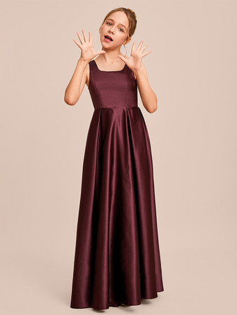 マルーンホワイトフラワーガールドレス 特別な日のドレス アイボリーサテン生地 ノースリーブ スクエアネック フラワーガールドレス