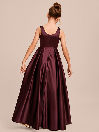 ホワイトフラワーガールドレス 特別な日のドレス アイボリーサテン生地 ノースリーブ スクエアネック フラワーガールドレス