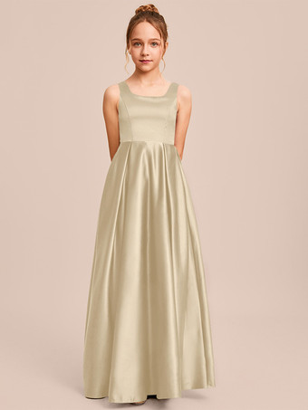 シャンパンカラーホワイトフラワーガールドレス 特別な日のドレス アイボリーサテン生地 ノースリーブ スクエアネック フラワーガールドレス