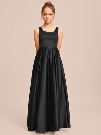 ブラック ホワイトフラワーガールドレス 特別な日のドレス アイボリーサテン生地 ノースリーブ スクエアネック フラワーガールドレス