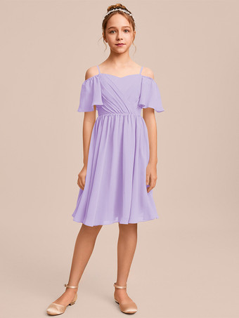 ライラックホワイトフラワーガールドレス 特別な日のためのドレス ブルーシフォン 半袖 バトーネック フラワーガールドレス