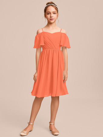 オレンジホワイトフラワーガールドレス 特別な日のためのドレス ブルーシフォン 半袖 バトーネック フラワーガールドレス