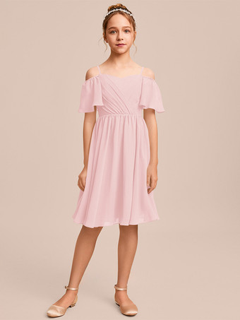 ソフトピンクホワイトフラワーガールドレス 特別な日のためのドレス ブルーシフォン 半袖 バトーネック フラワーガールドレス