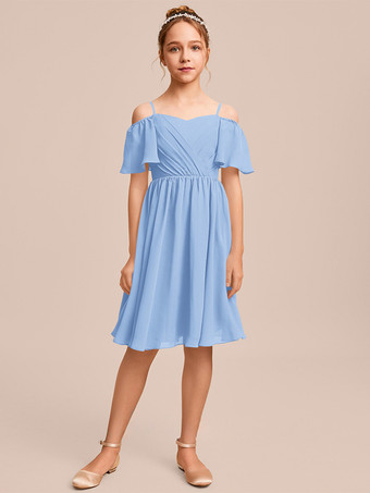 ライトスカイブルーホワイトフラワーガールドレス 特別な日のためのドレス ブルーシフォン 半袖 バトーネック フラワーガールドレス