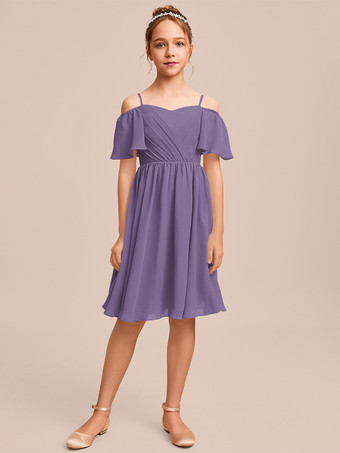 ラベンダーカラーホワイトフラワーガールドレス 特別な日のためのドレス ブルーシフォン 半袖 バトーネック フラワーガールドレス