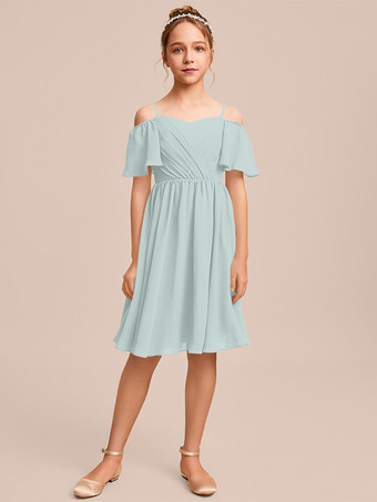 セージグリーンホワイトフラワーガールドレス 特別な日のためのドレス ブルーシフォン 半袖 バトーネック フラワーガールドレス