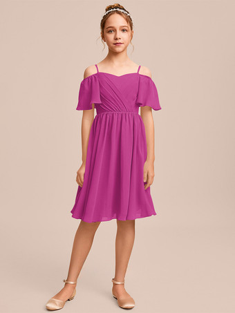 ローズレッドホワイトフラワーガールドレス 特別な日のためのドレス ブルーシフォン 半袖 バトーネック フラワーガールドレス