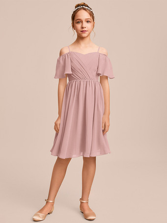 ピンクホワイトフラワーガールドレス 特別な日のためのドレス ブルーシフォン 半袖 バトーネック フラワーガールドレス