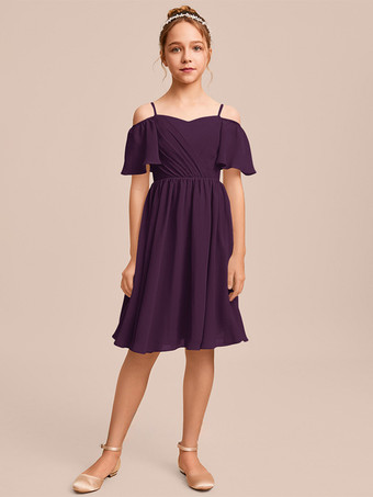 パープル ホワイトフラワーガールドレス 特別な日のためのドレス ブルーシフォン 半袖 バトーネック フラワーガールドレス