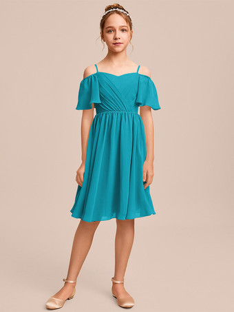 ターコイズグリーンホワイトフラワーガールドレス 特別な日のためのドレス ブルーシフォン 半袖 バトーネック フラワーガールドレス