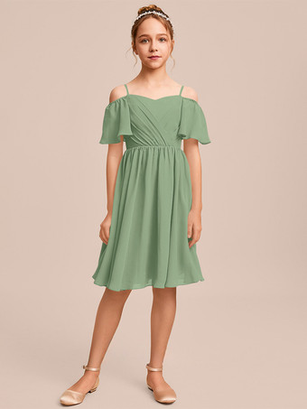 グリーン ホワイトフラワーガールドレス 特別な日のためのドレス ブルーシフォン 半袖 バトーネック フラワーガールドレス