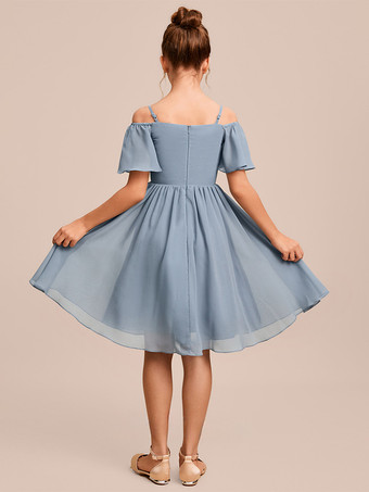 ホワイトフラワーガールドレス 特別な日のためのドレス ブルーシフォン 半袖 バトーネック フラワーガールドレス