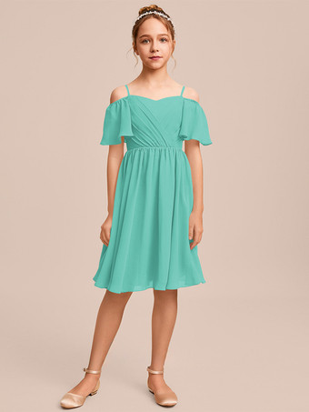 ミントグリーンホワイトフラワーガールドレス 特別な日のためのドレス ブルーシフォン 半袖 バトーネック フラワーガールドレス