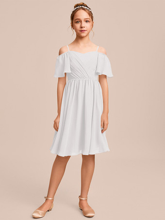 アイボリーホワイトフラワーガールドレス 特別な日のためのドレス ブルーシフォン 半袖 バトーネック フラワーガールドレス