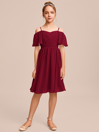 ワインレッド ホワイトフラワーガールドレス 特別な日のためのドレス ブルーシフォン 半袖 バトーネック フラワーガールドレス