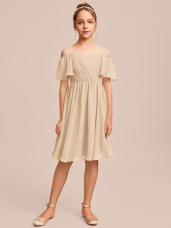 シャンパンカラーホワイトフラワーガールドレス 特別な日のためのドレス ブルーシフォン 半袖 バトーネック フラワーガールドレス