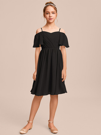 ブラック ホワイトフラワーガールドレス 特別な日のためのドレス ブルーシフォン 半袖 バトーネック フラワーガールドレス