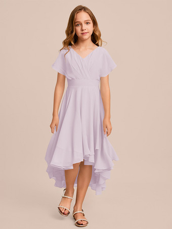 ホワイトフラワーガールドレス 特別な日のドレス ミントグリーンシフォン半袖Vネックフラワーガールドレス