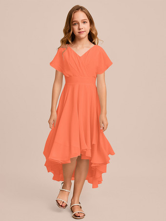 オレンジホワイトフラワーガールドレス 特別な日のドレス ミントグリーンシフォン半袖Vネックフラワーガールドレス