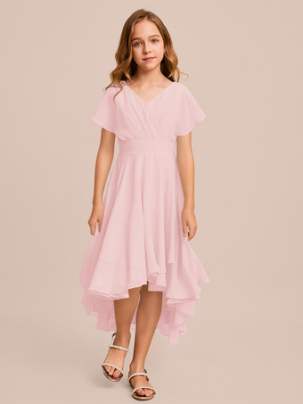 ソフトピンクホワイトフラワーガールドレス 特別な日のドレス ミントグリーンシフォン半袖Vネックフラワーガールドレス