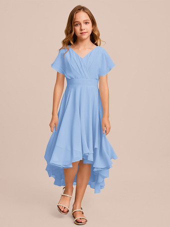 ライトスカイブルーホワイトフラワーガールドレス 特別な日のドレス ミントグリーンシフォン半袖Vネックフラワーガールドレス