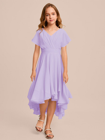 ラベンダーカラーホワイトフラワーガールドレス 特別な日のドレス ミントグリーンシフォン半袖Vネックフラワーガールドレス