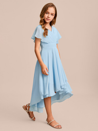 ホワイトフラワーガールドレス 特別な日のドレス ミントグリーンシフォン半袖Vネックフラワーガールドレス