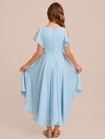 ホワイトフラワーガールドレス 特別な日のドレス ミントグリーンシフォン半袖Vネックフラワーガールドレス