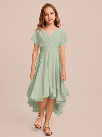 セージグリーンホワイトフラワーガールドレス 特別な日のドレス ミントグリーンシフォン半袖Vネックフラワーガールドレス