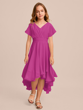 ローズレッドホワイトフラワーガールドレス 特別な日のドレス ミントグリーンシフォン半袖Vネックフラワーガールドレス