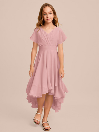 ピンクホワイトフラワーガールドレス 特別な日のドレス ミントグリーンシフォン半袖Vネックフラワーガールドレス