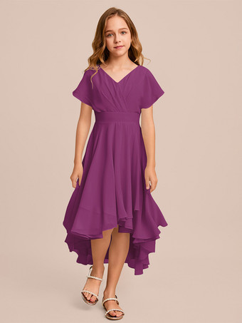 パープル ホワイトフラワーガールドレス 特別な日のドレス ミントグリーンシフォン半袖Vネックフラワーガールドレス