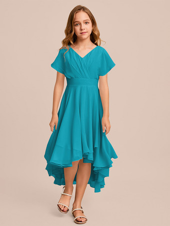 ターコイズグリーンホワイトフラワーガールドレス 特別な日のドレス ミントグリーンシフォン半袖Vネックフラワーガールドレス