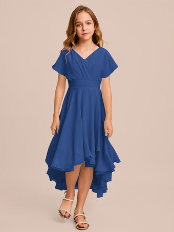 ブルー ホワイトフラワーガールドレス 特別な日のドレス ミントグリーンシフォン半袖Vネックフラワーガールドレス