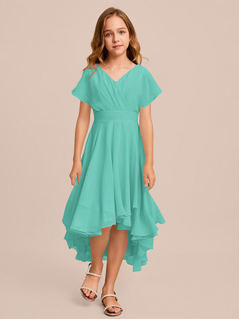 ミントグリーンホワイトフラワーガールドレス 特別な日のドレス ミントグリーンシフォン半袖Vネックフラワーガールドレス