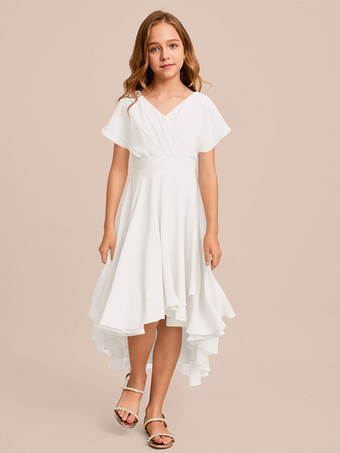 アイボリーホワイトフラワーガールドレス 特別な日のドレス ミントグリーンシフォン半袖Vネックフラワーガールドレス