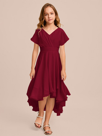 ワインレッド ホワイトフラワーガールドレス 特別な日のドレス ミントグリーンシフォン半袖Vネックフラワーガールドレス