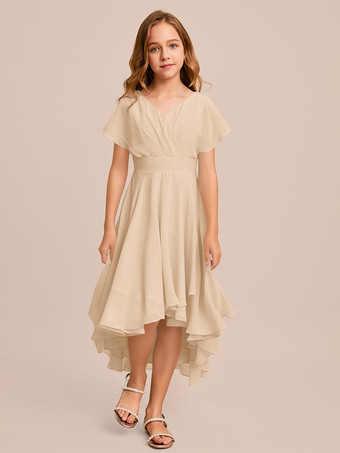 シャンパンカラーホワイトフラワーガールドレス 特別な日のドレス ミントグリーンシフォン半袖Vネックフラワーガールドレス