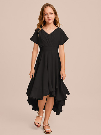 ブラック ホワイトフラワーガールドレス 特別な日のドレス ミントグリーンシフォン半袖Vネックフラワーガールドレス