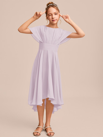 ライラックホワイトフラワーガールドレス 特別な日のためのドレス ブルーシフォン 半袖 ジュエルネック フラワーガールドレス