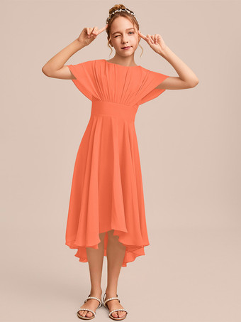 オレンジホワイトフラワーガールドレス 特別な日のためのドレス ブルーシフォン 半袖 ジュエルネック フラワーガールドレス