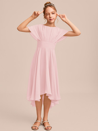 ソフトピンクホワイトフラワーガールドレス 特別な日のためのドレス ブルーシフォン 半袖 ジュエルネック フラワーガールドレス