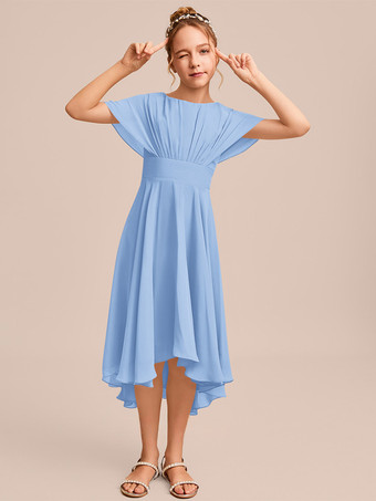 ライトスカイブルーホワイトフラワーガールドレス 特別な日のためのドレス ブルーシフォン 半袖 ジュエルネック フラワーガールドレス