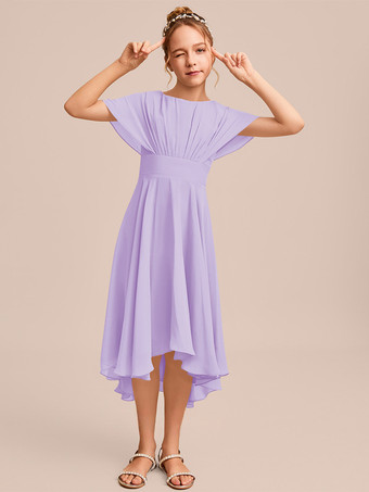 ラベンダーカラーホワイトフラワーガールドレス 特別な日のためのドレス ブルーシフォン 半袖 ジュエルネック フラワーガールドレス