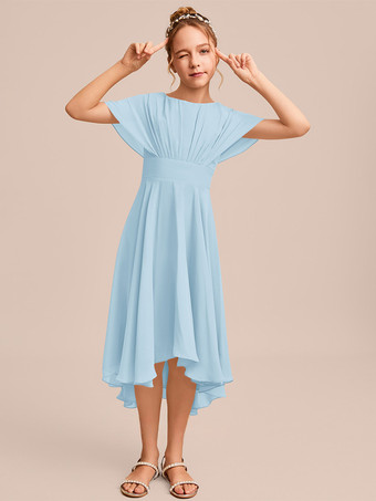 ベビーブルーホワイトフラワーガールドレス 特別な日のためのドレス ブルーシフォン 半袖 ジュエルネック フラワーガールドレス