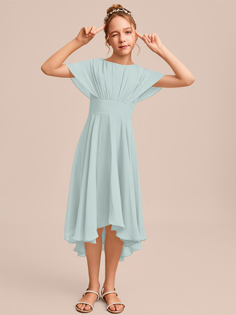 セージグリーンホワイトフラワーガールドレス 特別な日のためのドレス ブルーシフォン 半袖 ジュエルネック フラワーガールドレス