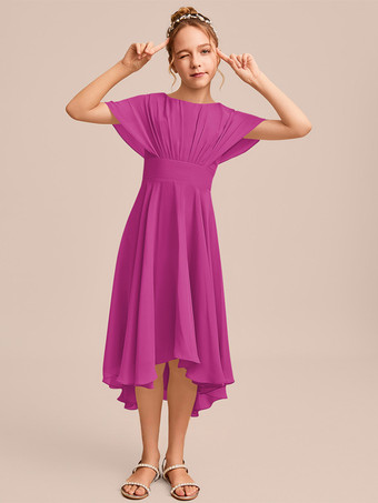 ローズレッドホワイトフラワーガールドレス 特別な日のためのドレス ブルーシフォン 半袖 ジュエルネック フラワーガールドレス