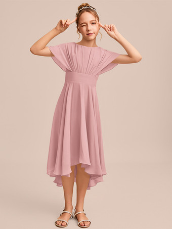 ピンクホワイトフラワーガールドレス 特別な日のためのドレス ブルーシフォン 半袖 ジュエルネック フラワーガールドレス